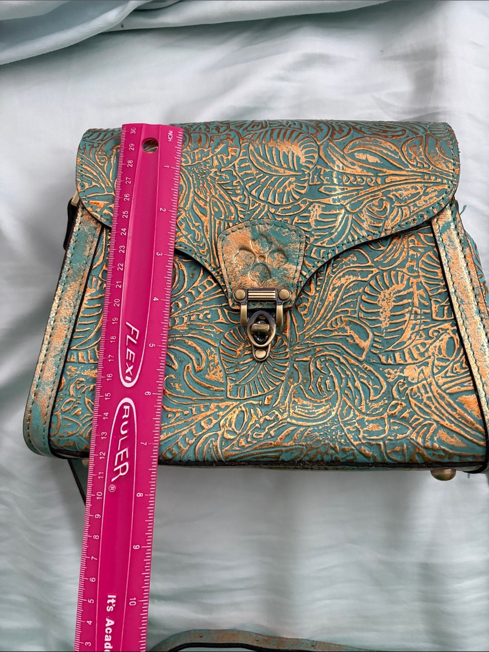 Patricia Nash Turquoise and gold Embossed Leather Crossbody Bag - Picture 11 of 11